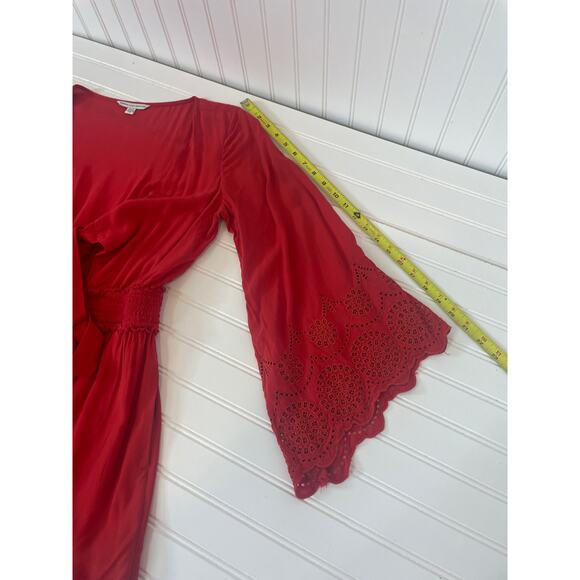 American Eagle Red Romper Tie Front Cut Out Bell Sleeve Smocked Ruffle Size M - Picture 8 of 8